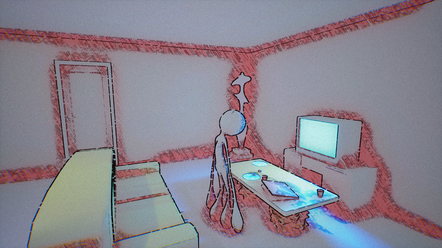 A hand-drawn liminal room in Nodine with a glowing CRT and a figure