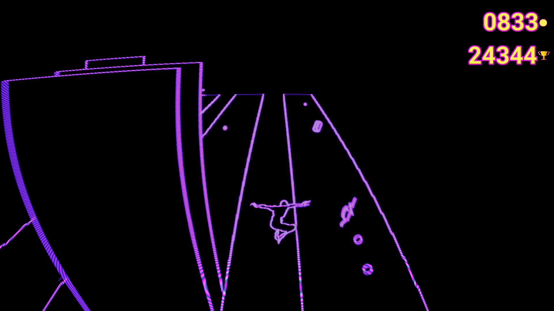 Syzygy runner mid-tunnel with neon yellow and magenta lanes