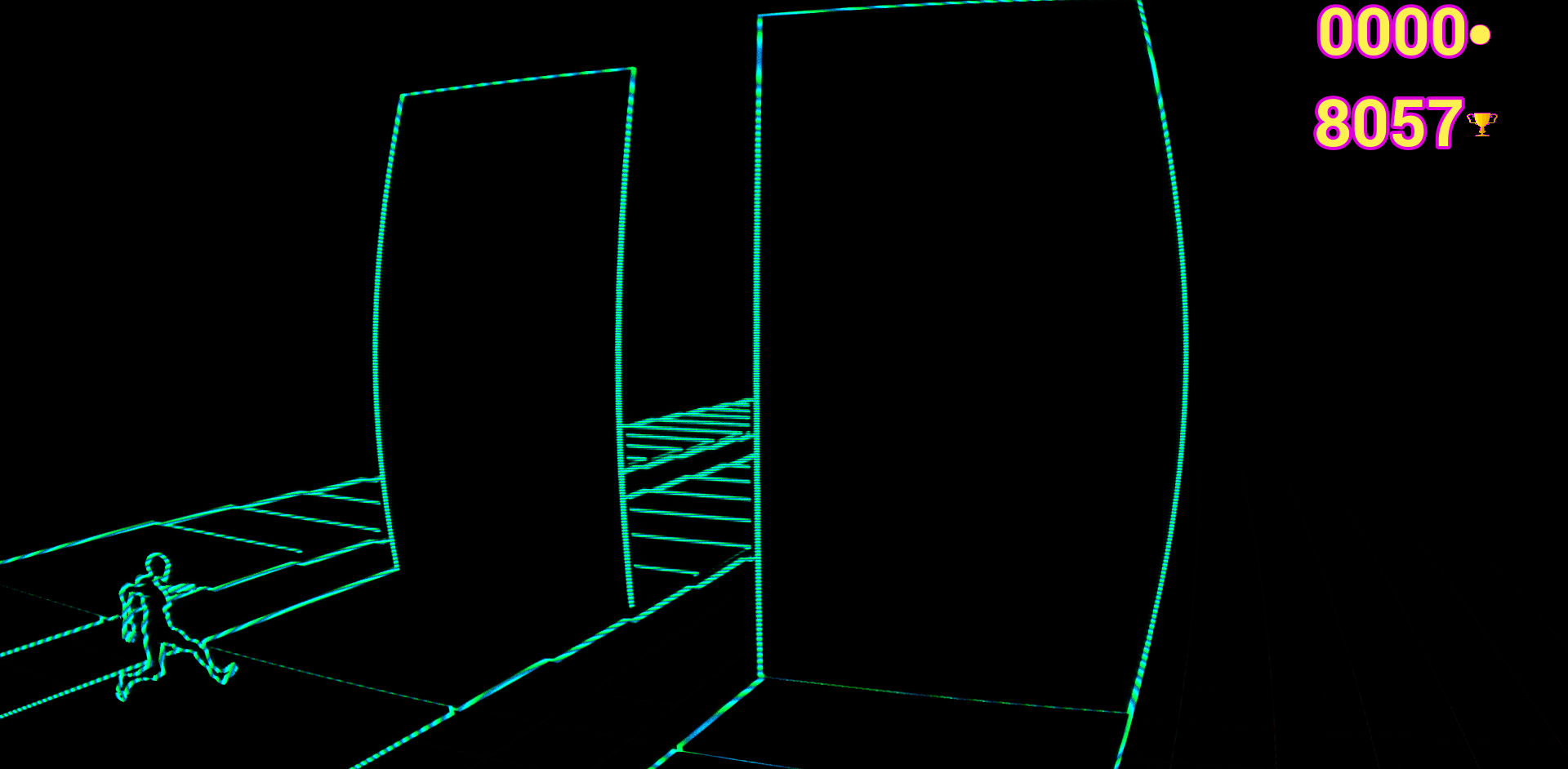 Syzygy high-speed neon tunnel section with cyan lighting
